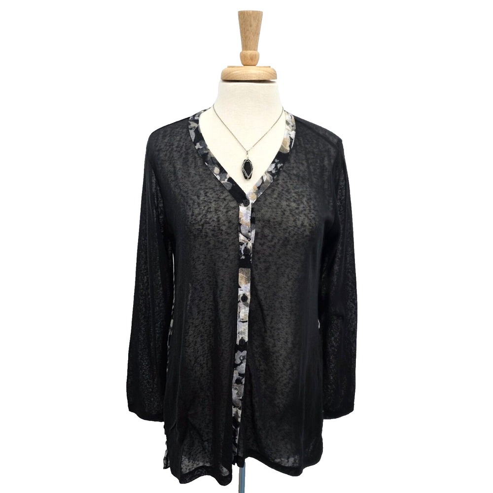 Semi Sheer Black Floral Button Front Tunic Womens S Lightweight Romantic Layer